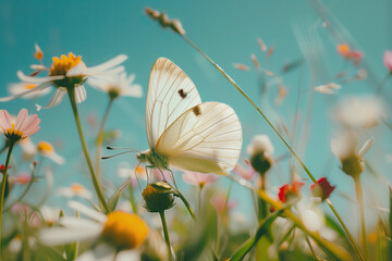 Wall Mural - A white butterfly on a daisy