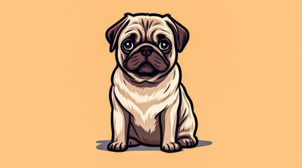 Wall Mural - A cartoon pug-dog is sitting on a yellow background.