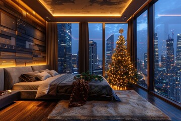 Christmas luxury bedroom with Xmas tree in stylish modern interior in skyscraper with beautiful view at night city. Romantic for winter holiday weekend. Interior loft design
