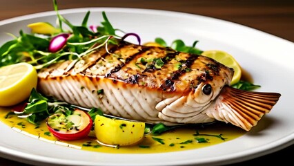 Canvas Print -  Deliciously grilled fish with lemon and herbs ready to be savored