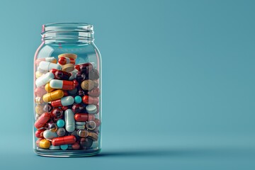 Jar filled with round pills and pill capsules on blue background