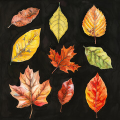 Wall Mural - A set of watercolor leaves on a black background. The leaves are of different sizes and colors, including red, yellow, and green. Concept of autumn and the beauty of nature's changing colors