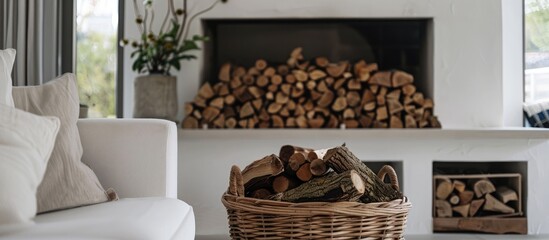 Wall Mural - Woven basket and wooden box containing firewood by white fireplace in a comfortable living area