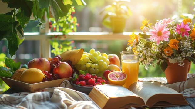 Sunlit table with healthy food and open book