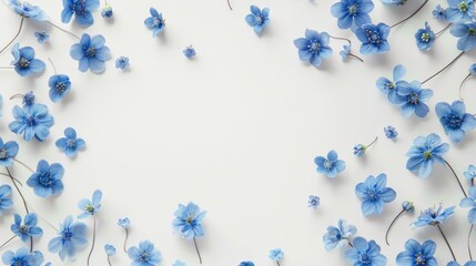 Wall Mural - Blue spring flowers forming a pattern on a white background with space for text viewed from above