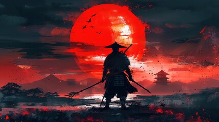 Wall Mural - Japanese samurai warrior with a red sun on the background