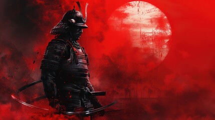 Wall Mural - Japanese samurai warrior with a red sun on the background