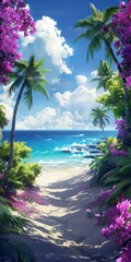 Canvas Print - Tropical Beach With Palm Trees and Flowers