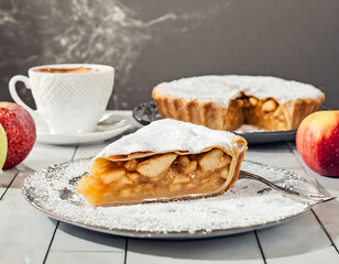 A tempting slice of homemade apple pie dusted with powdered sugar, served with a hot beverage and fresh fruits, creating a cozy and inviting dessert scene