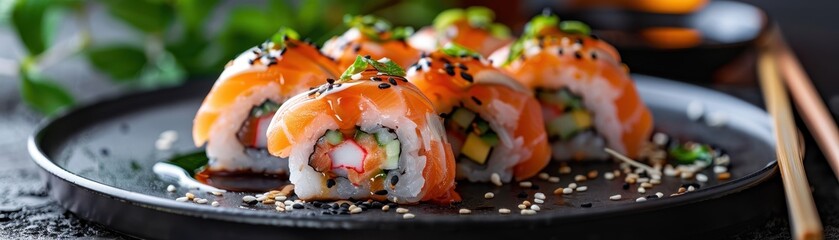 Canvas Print - Sushi Set sashimi and sushi rolls served on stone slate 