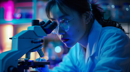 Wall Mural - Female scientist looking under microscope in medical research lab. Artificial intelligence innovation in healthcare & drug development. Futuristic medicine & hospital treatment