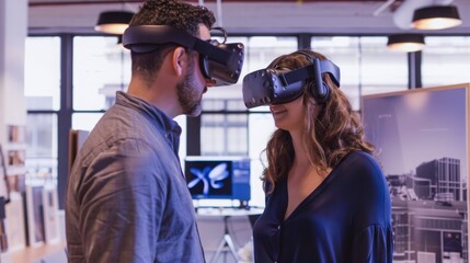 Aufkleber - A man and a woman wearing virtual reality headsets stand facing each other in an office setting. They are looking at something in their virtual reality world.