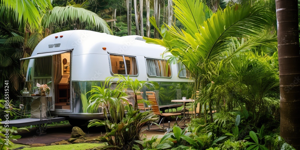 AI Generated. AI Generative. RV camper transport trailer in the exotic ...