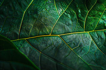 Wall Mural - green leaf texture background, close-up of the veins on one side of an elegant tropical green leaf, 
