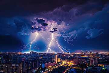 Clouds and lightning in a cityscape
