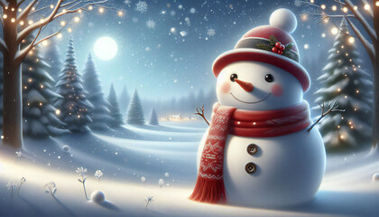 A jolly snowman in a winter landscape