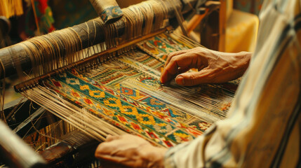 Wall Mural - A skilled artisan weaving intricate patterns on a traditional loom, showcasing the beauty and craftsmanship of woven fabric