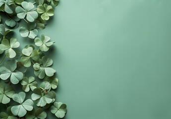 St Patrick's Day background with shamrocks on a light green color, copy space