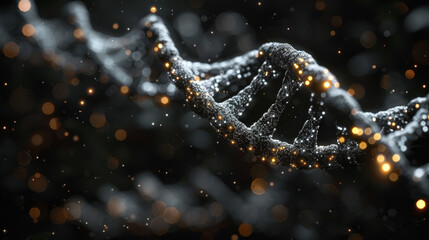 Abstract representation of DNA strand with glowing particles on a dark background