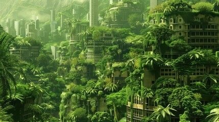 Wall Mural - lush green city oasis stunning urban landscape covered in trees and plants digital art
