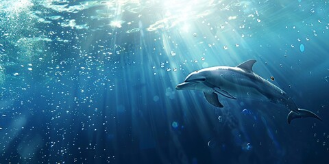 dolphins or Delphinidae swimming underwater underwater marine life with bubbles and sunlight in blue deep waters, wide banner of marine life with copy space. Generative ai