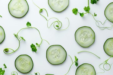 Fresh Cucumber Slices and Cilantro on White Background - Perfect for Healthy Eating and Recipe Design