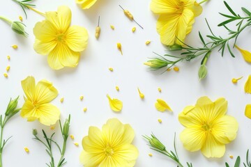 Wall Mural - Bright Yellow Evening Primrose Flowers on White Background - Perfect for Spring or Summer Floral Designs, Posters, Cards, and Wallpapers