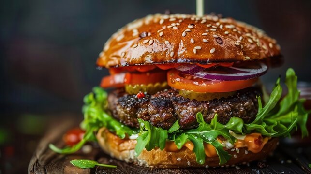 mouthwatering burger closeup juicy gourmet hamburger with fresh ingredients food photography