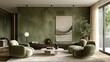 © Soontorn - A chic living room adorned in elegant olive hues, with minimalist furniture and decor creating a sophisticated and stylish atmosphere. The image offers plenty of copy space for customization, perfect
