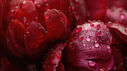 Wall Mural - Close up photo of a red peony bud displaying a stunning natural texture with red petals and glistening water droplets