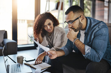 Poster - Inflation, financial paperwork or couple with stress, finance documents or household budget invoice. Depression, laptop or worried people frustrated by bills, fear or debt with anxiety or recession