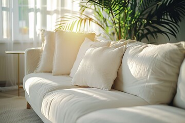 home stylish interior design detail of contemporary clean living room with soft and cozy sunlight pillow