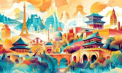 Bright, colorful illustrations of famous landmarks like the Eiffel Tower and the Great Wall