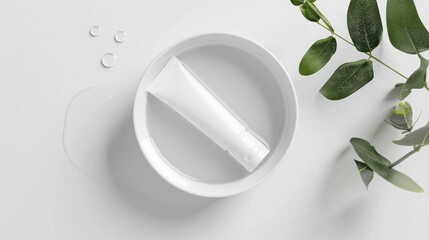 Wall Mural - Minimalist white cosmetic tube in bowl of water on white background beauty product branding mockup top view