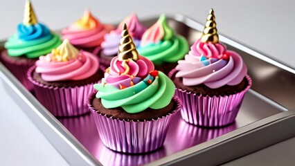 Poster -  Colorful cupcakes with gold unicorn horns ready for a party