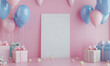 © sornram - Cute birthday party setup with pink and blue balloons, presents, and a blank frame, perfect for adding a custom message or invitation.