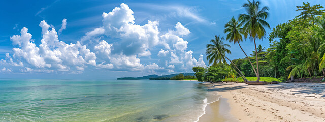Wall Mural - Panorama of tropical beach with coconut palm trees, clear blue sea, cloudy. HDR, render use, Seamless hdr 360 panorama in spherical equiangular format.  3D visualization, sky replacement