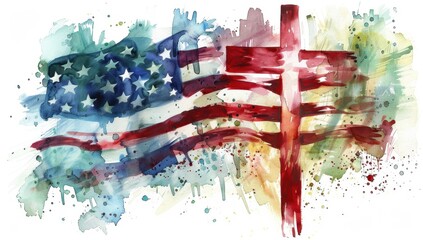 Wall Mural - Watercolor american flag with cross, white background Generative AI