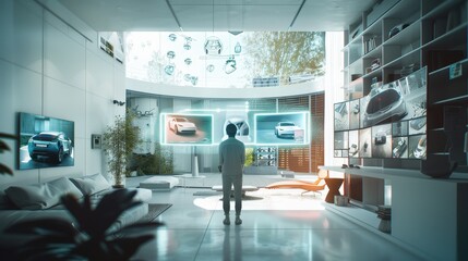 Wall Mural - A man is standing in front of a television screen that is displaying a car. He is wearing a virtual reality headset and he is fully immersed in the experience. The room is furnished with a couch