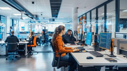 A woman in an orange shirt sits at a desk in an open office setting, typing on a computer keyboard. Other people are working in the background.