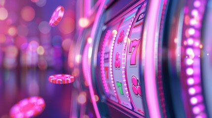 A close-up of a casino slot machine, featuring vibrant purple lights and spinning reels. The image conveys a sense of excitement and luck, perfect for projects related to gambling or entertainment.