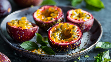 Canvas Print - Fresh passion fruit halved and displayed on a rustic plate, showcasing the vibrant, juicy, and seed-filled interior with green leaves for decoration.