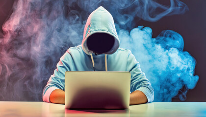 A hacker with hidden face in a hoodie using a laptop