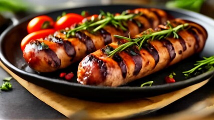 Canvas Print -  Grilled sausages with fresh herbs and cherry tomatoes ready to serve