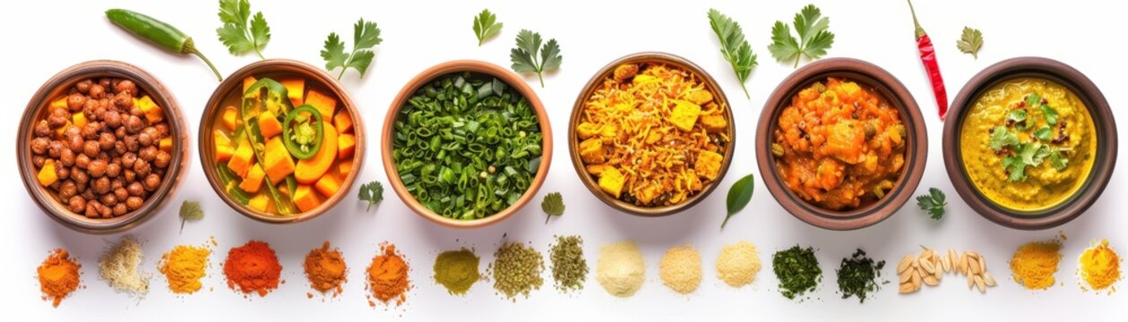 A variety of Indian food is displayed in bowls on a white background. The bowls are filled with different types of food, including rice, vegetables, and sauces. Scene is one of abundance and variety