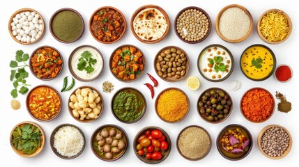 Canvas Print - A variety of Indian food is displayed in bowls on a white background. The bowls are filled with different types of food, including rice, vegetables, and sauces. Scene is one of abundance and variety