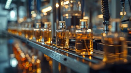 Perfume bottles move along a conveyor belt in a factory