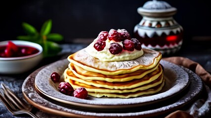 Wall Mural -  Deliciously stacked pancakes with berries and cream ready to be savored