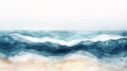 Abstract watercolor seascape painting with serene blue waves and a sandy shore, capturing the essence of the ocean and tranquility.