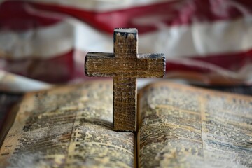 Canvas Print - close up photo of wooden cross on the bible and american flag background Generative AI